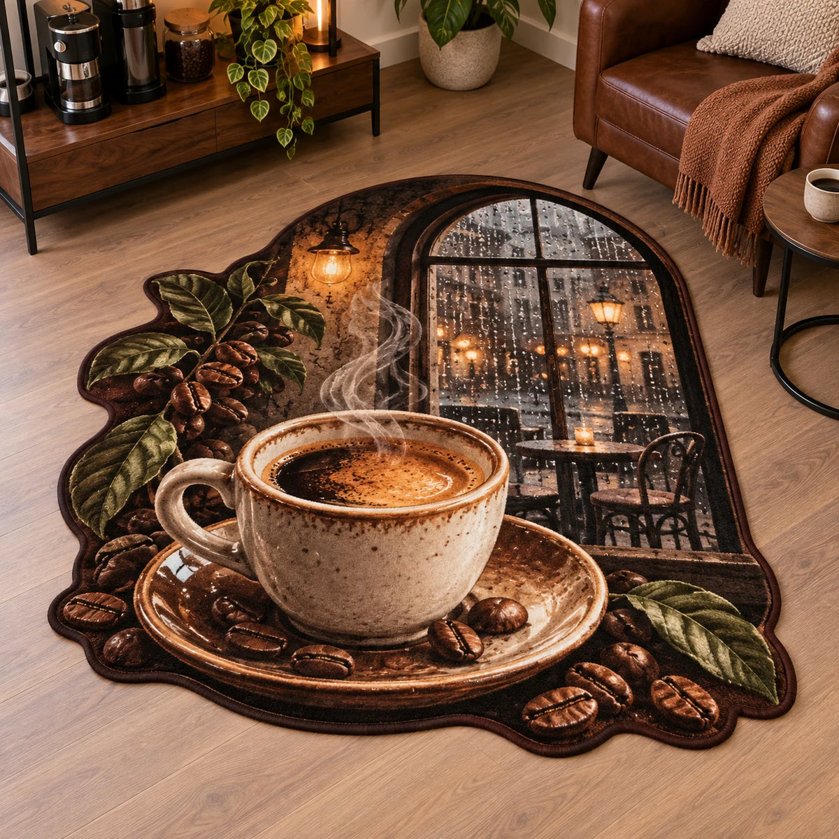 Espresso Rainy Cafe Custom Shape Rug showing an espresso cup beside a rainy arched cafe window