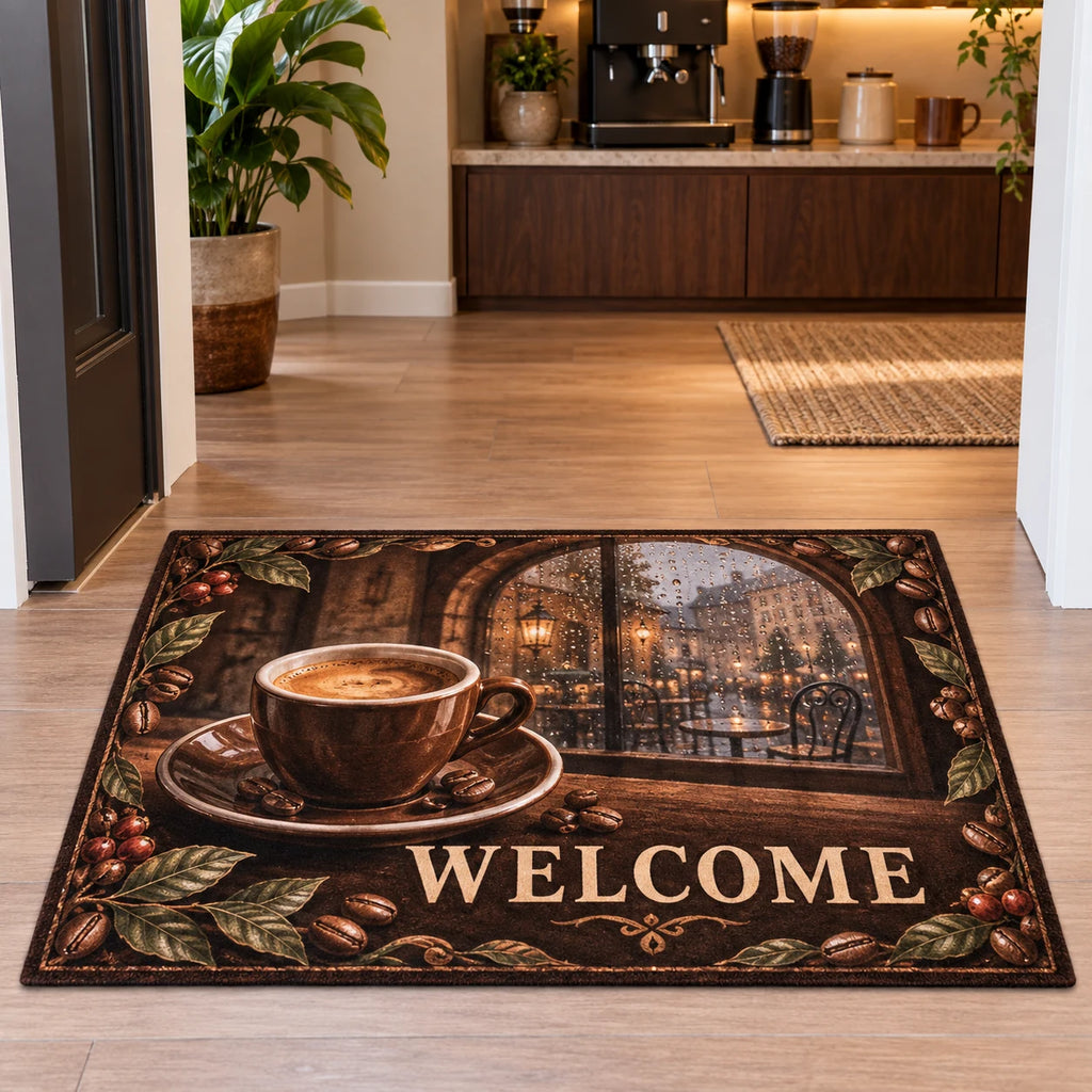 Espresso Rainy Cafe Welcome Doormat showing an espresso cup and saucer beside a rainy arched cafe window