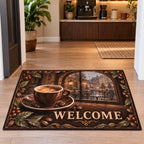 Espresso Rainy Cafe Welcome Doormat showing an espresso cup and saucer beside a rainy arched cafe window