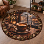 Espresso Rainy Cafe Round Mat Rug showing an espresso cup and saucer beside a rainy arched cafe window