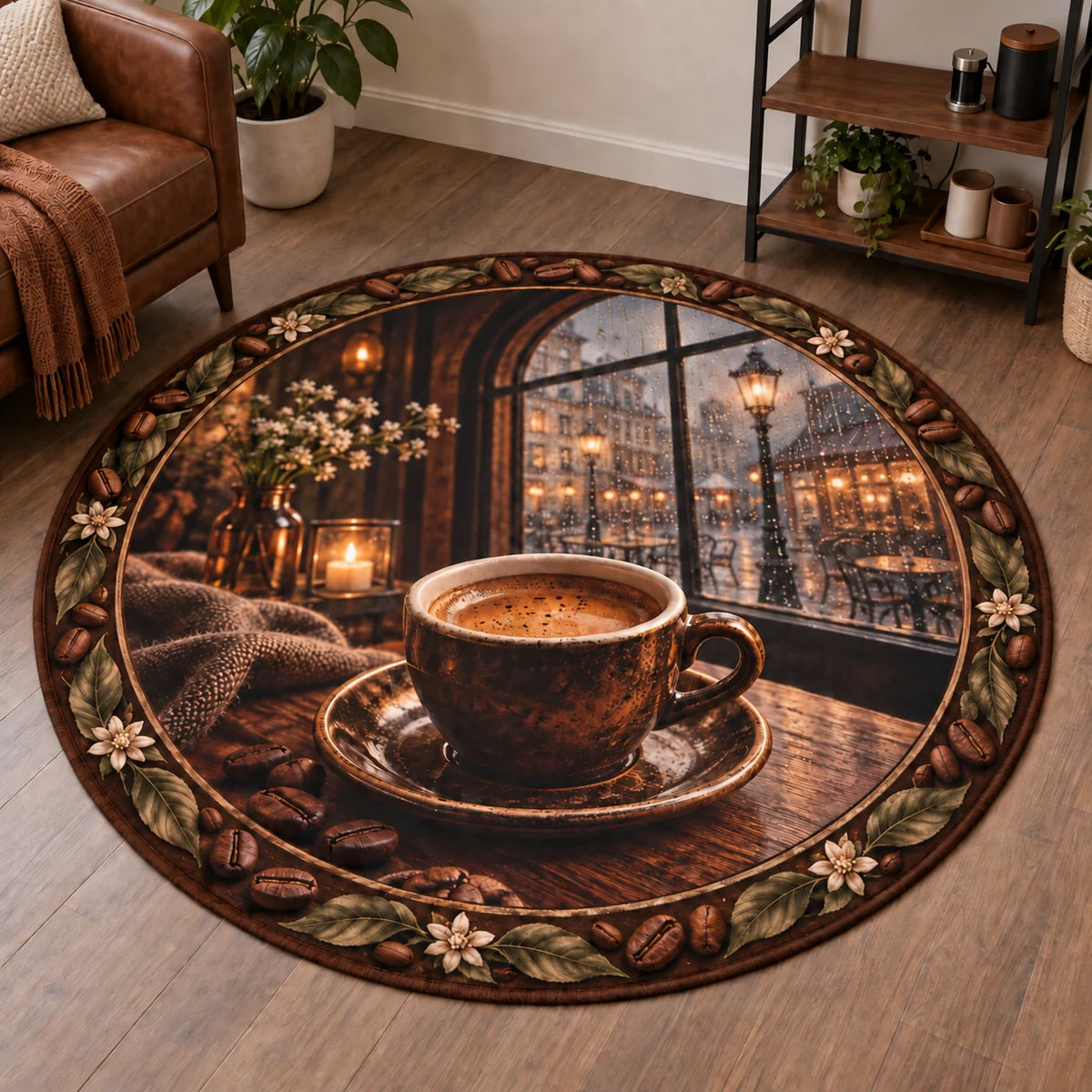 Espresso Rainy Cafe Round Mat Rug showing an espresso cup and saucer beside a rainy arched cafe window