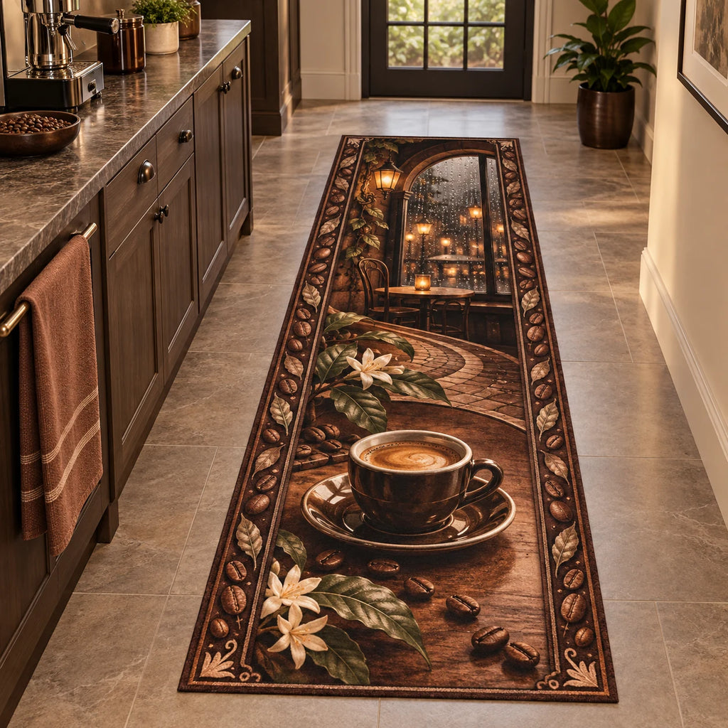 Espresso Cup Rainy Cafe Runner Rug showing an espresso cup and saucer beside a rainy arched cafe window