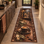 Espresso Cup Rainy Cafe Runner Rug showing an espresso cup and saucer beside a rainy arched cafe window