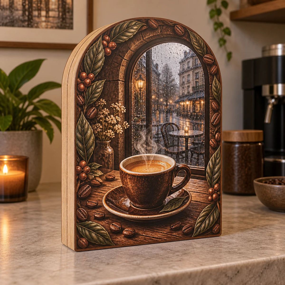 Espresso Rainy Cafe Wooden Block - 3 Layer Decor showing an espresso cup beside a rainy arched cafe window