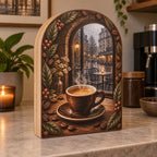 Espresso Rainy Cafe Wooden Block - 3 Layer Decor showing an espresso cup beside a rainy arched cafe window