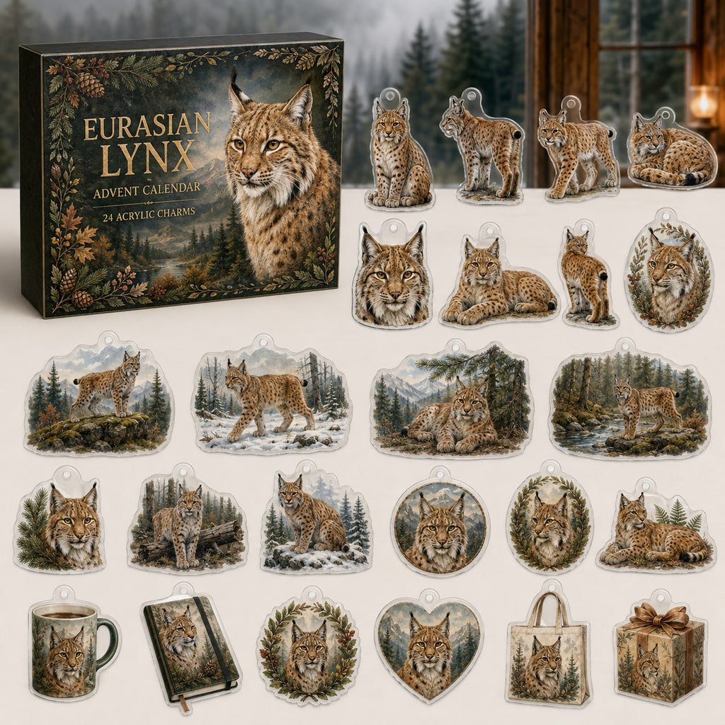 Eurasian Lynx advent calendar box with 24 themed flat printed acrylic charms