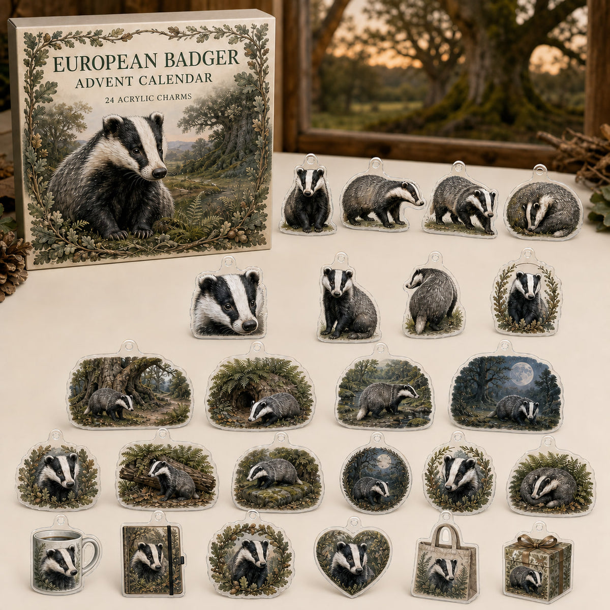 European Badger advent calendar box with 24 themed flat printed acrylic charms