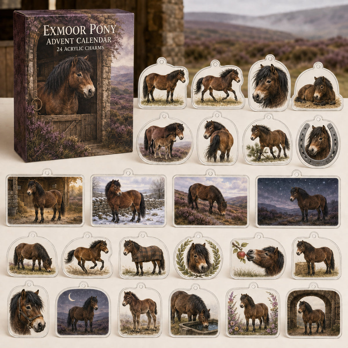 Exmoor Pony calendar box and 24 printed acrylic equestrian charms