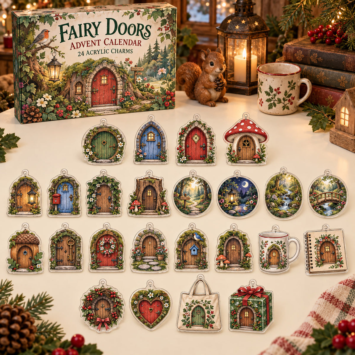 Fairy Doors advent calendar box with 24 flat printed acrylic charms