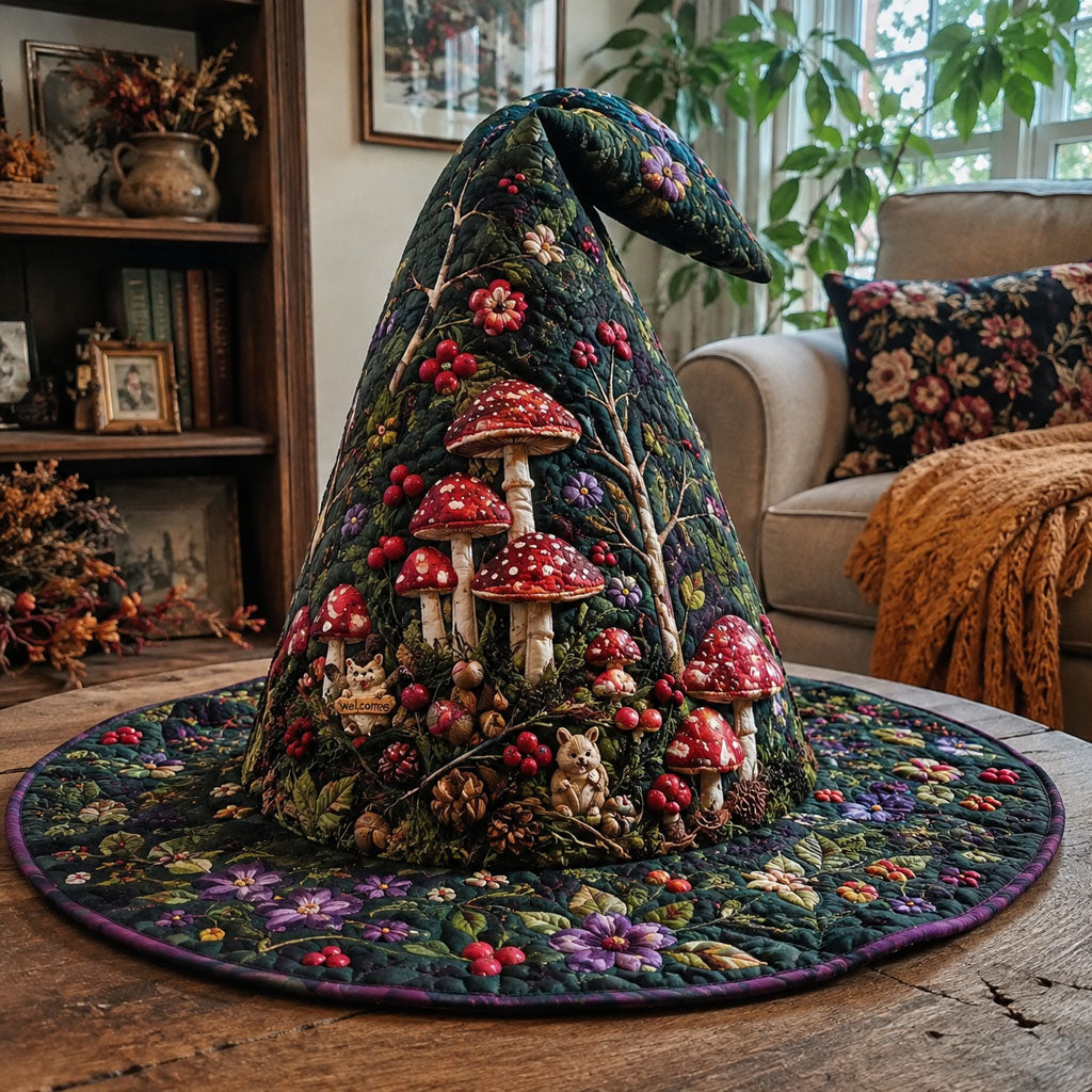 Fairy Toadstools quilted witch hat, all-over print on cone and brim