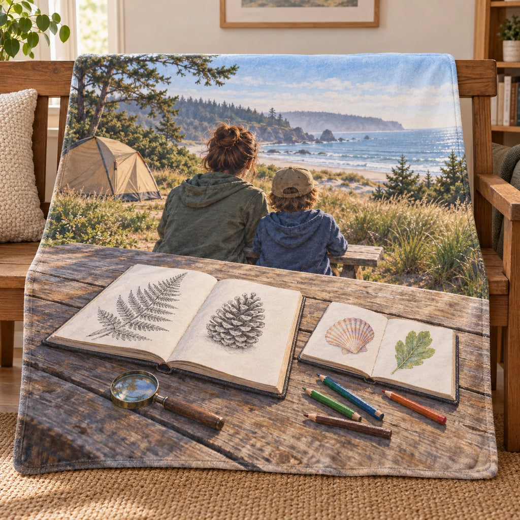 Nature sketchbooks and a family coastal campsite printed on fleece.