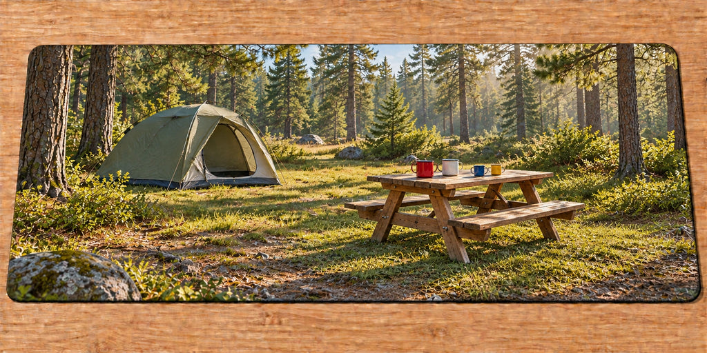 Family Campsite Picnic Morning Desk Mat with printed table, four mugs and tent depth