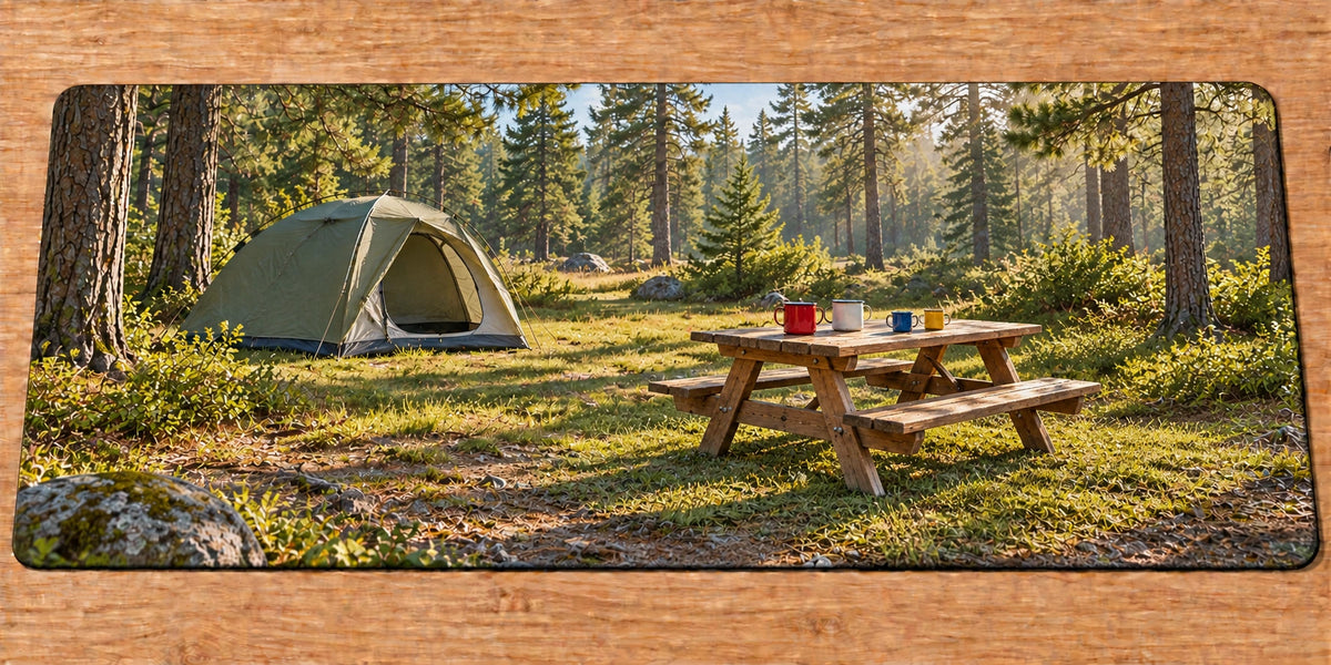 Family Campsite Picnic Morning Desk Mat with printed table, four mugs and tent depth