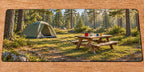 Family Campsite Picnic Morning Desk Mat with printed table, four mugs and tent depth