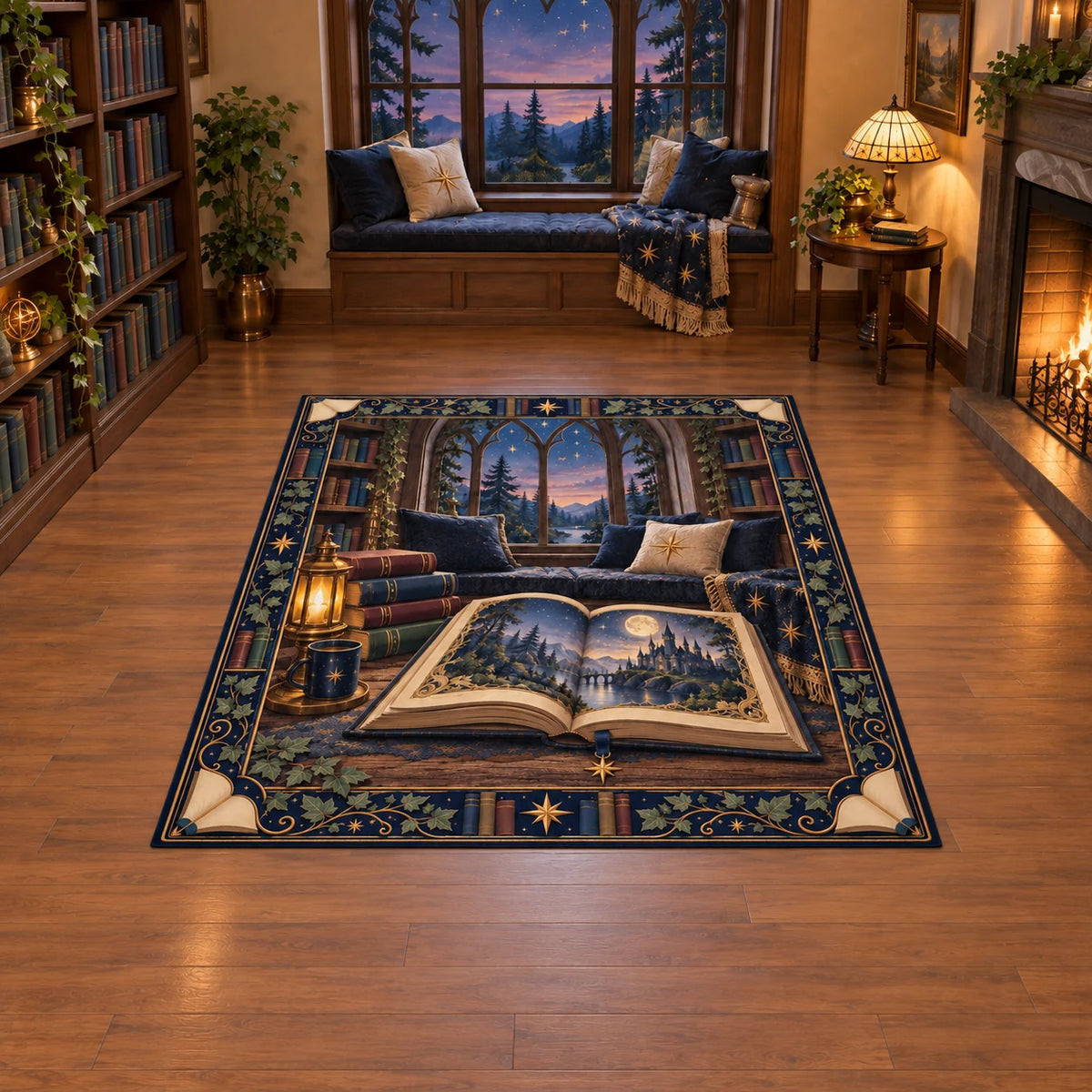 Fantasy reader area rug with illustrated castle book, gold star bookmark, navy cushions and arched reading-nook window.