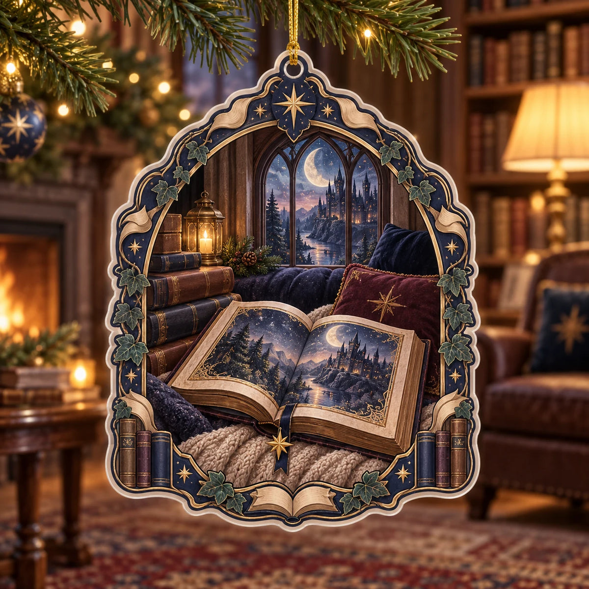 Fantasy reader christmas ornament with illustrated castle book, gold star bookmark, navy cushions and arched reading-nook window.