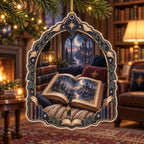 Fantasy reader christmas ornament with illustrated castle book, gold star bookmark, navy cushions and arched reading-nook window.