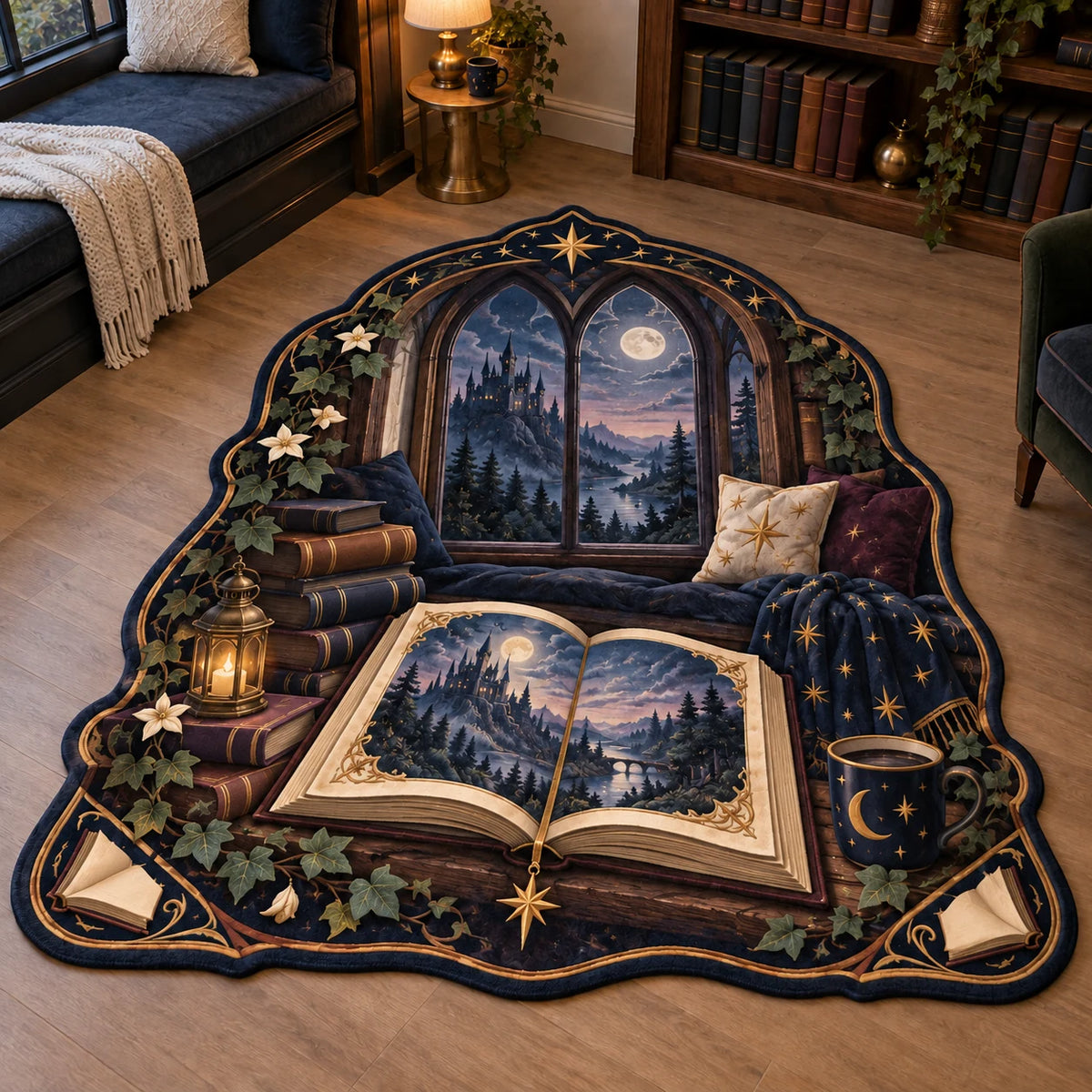 Fantasy reader custom shape area rug with illustrated castle book, gold star bookmark, navy cushions and arched reading-nook window.