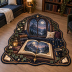 Fantasy reader custom shape area rug with illustrated castle book, gold star bookmark, navy cushions and arched reading-nook window.