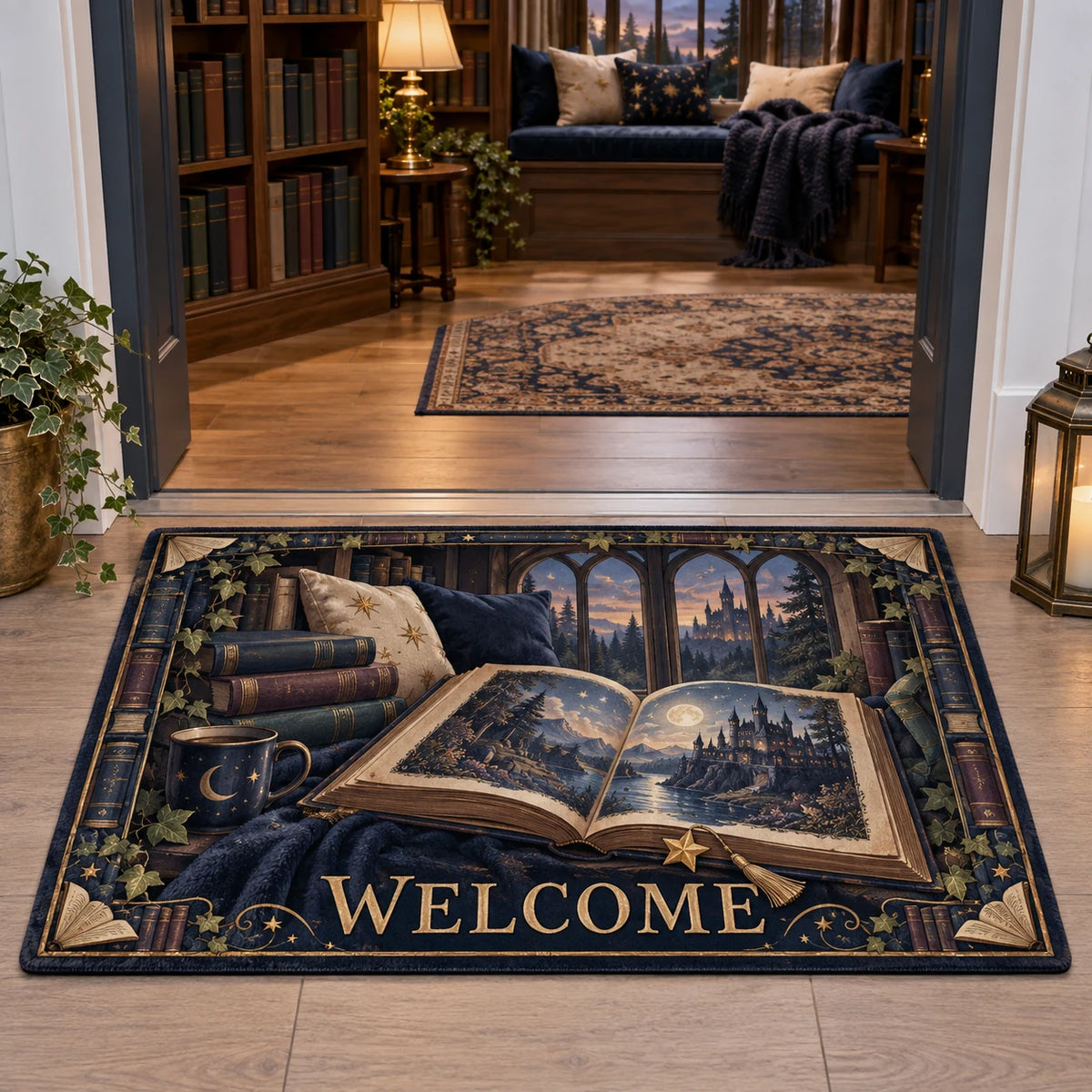 Fantasy reader doormat with illustrated castle book, gold star bookmark, navy cushions and arched reading-nook window.
