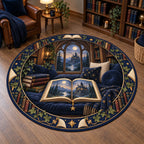 Fantasy reader round mat rug with illustrated castle book, gold star bookmark, navy cushions and arched reading-nook window.