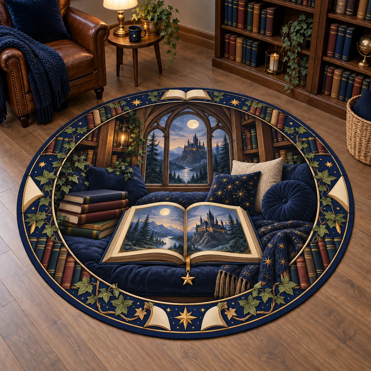 Fantasy reader round mat rug with illustrated castle book, gold star bookmark, navy cushions and arched reading-nook window.