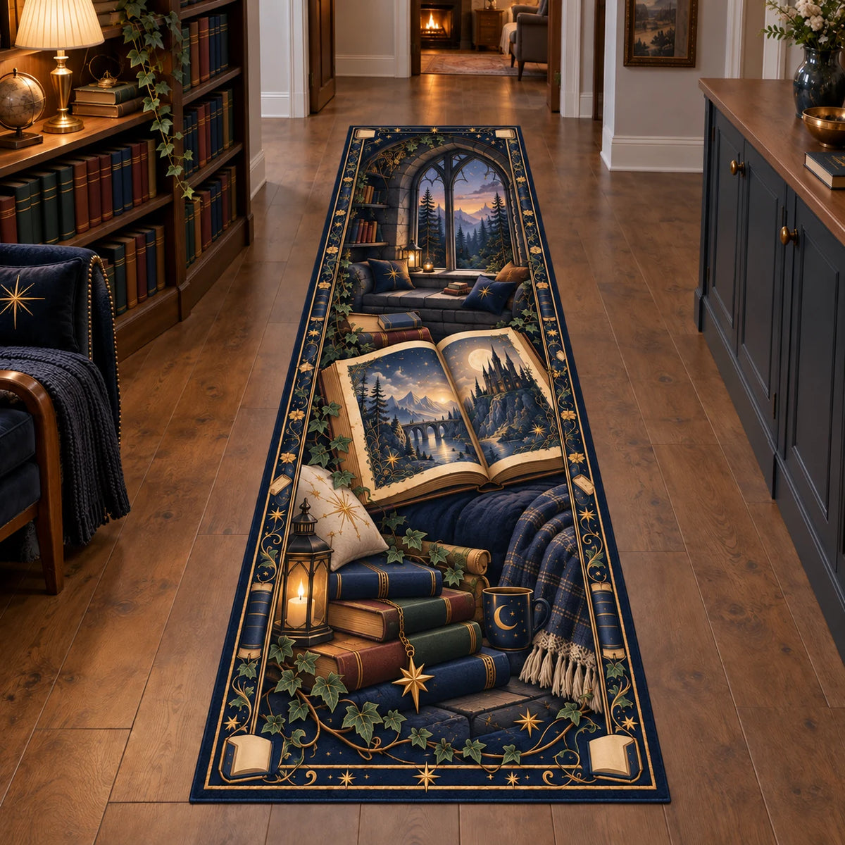 Fantasy reader runner rug with illustrated castle book, gold star bookmark, navy cushions and arched reading-nook window.