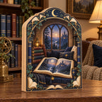 Fantasy reader wooden block with illustrated castle book, gold star bookmark, navy cushions and arched reading-nook window.