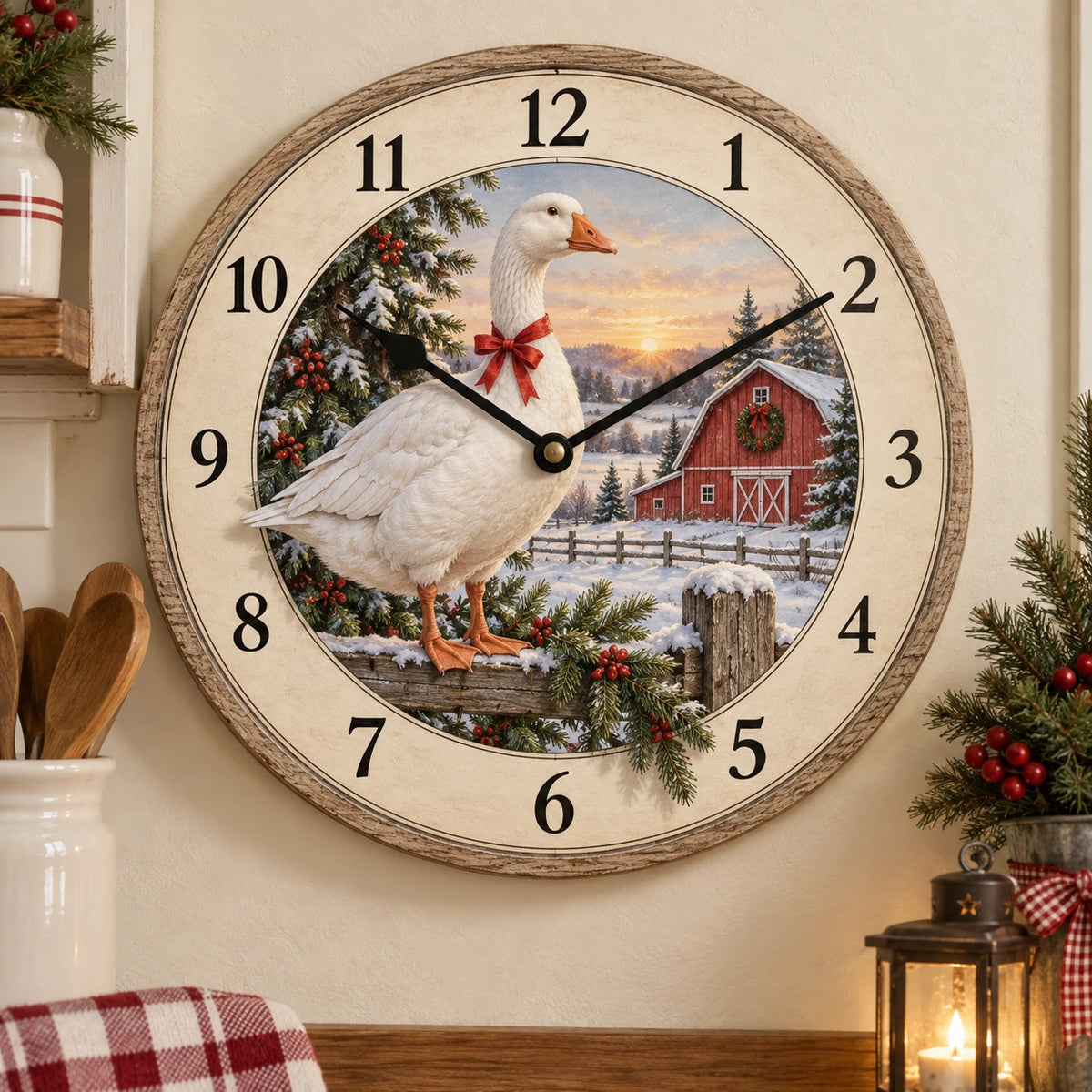 Farm Goose Holiday Wooden Wall Clock with flat printed white goose and snowy holiday farm depth