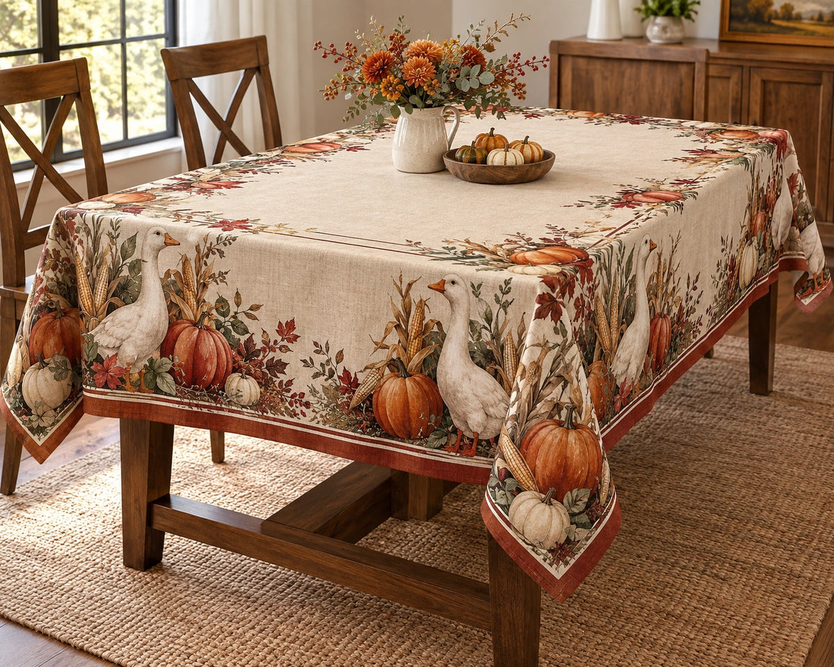 Farm Goose Pumpkin Harvest Tablecloth with printed dimensional artwork
