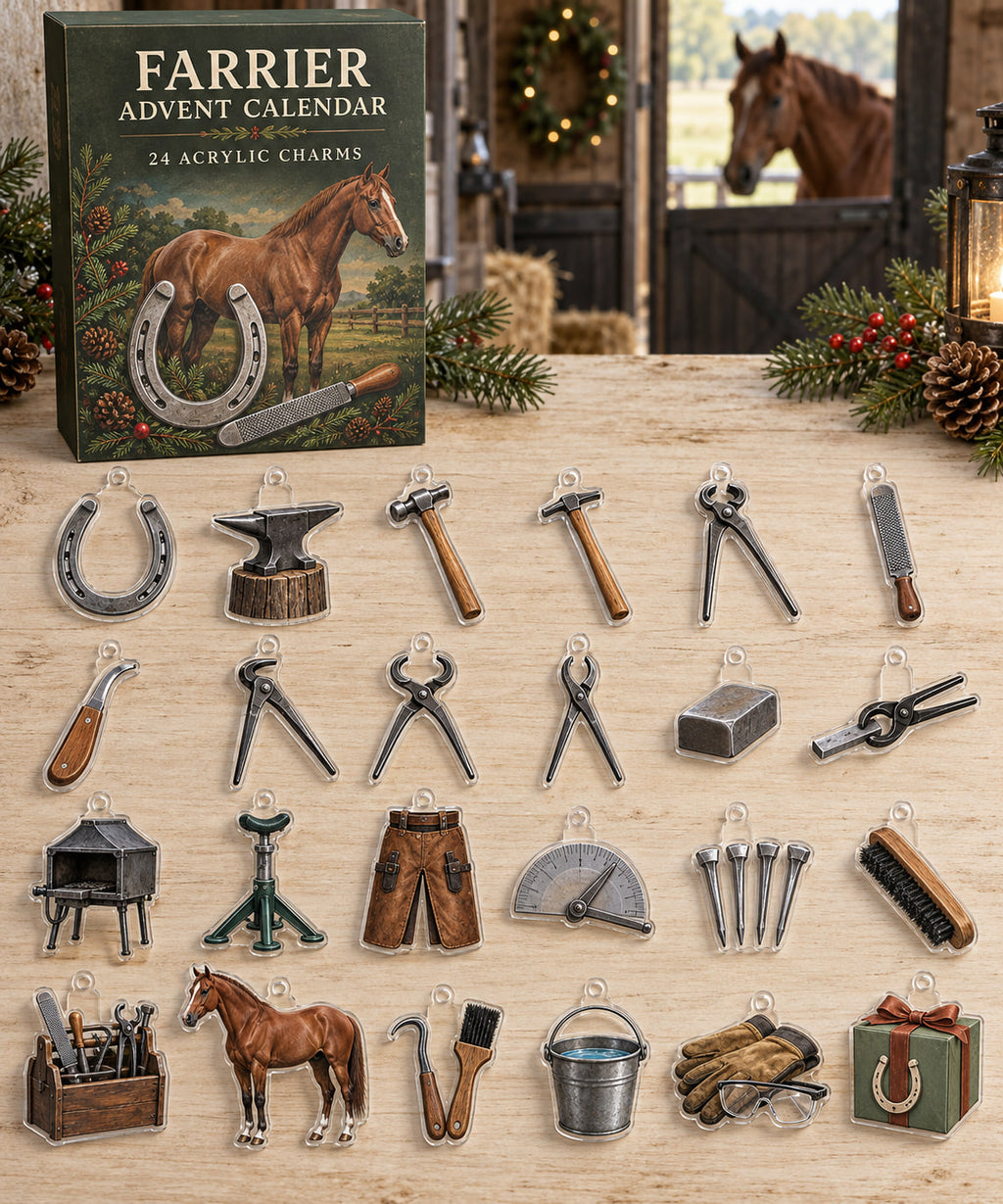 Farrier advent calendar with 24 custom-shaped flat acrylic charms and printed dimensional artwork