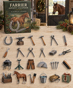 Farrier advent calendar with 24 custom-shaped flat acrylic charms and printed dimensional artwork