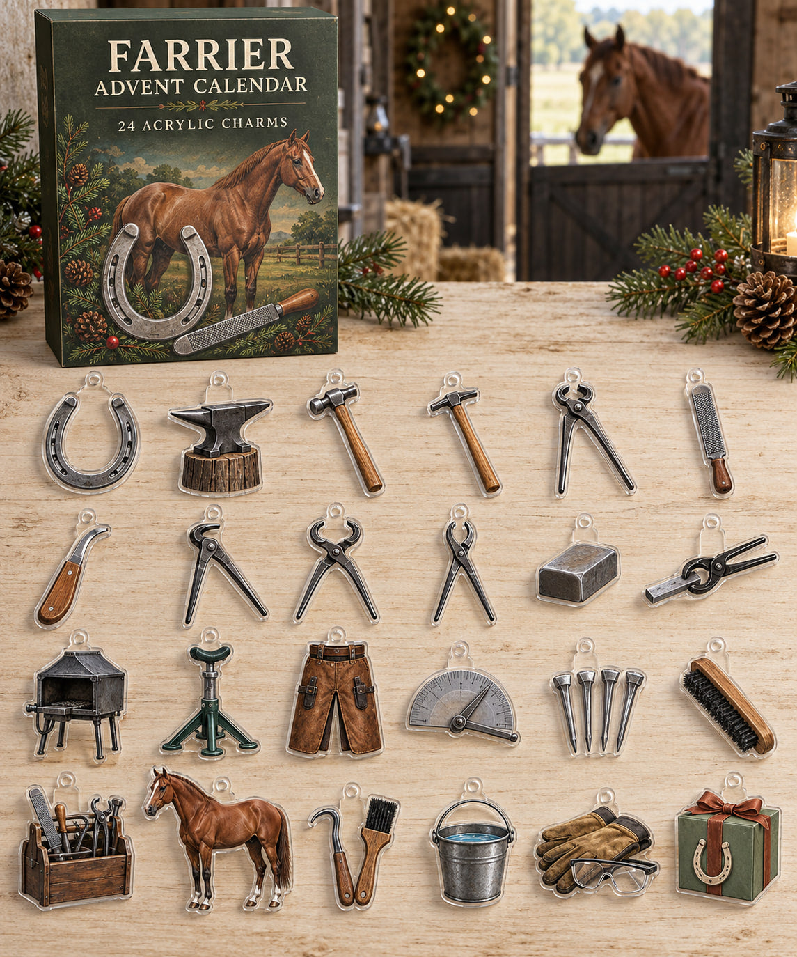 Farrier advent calendar with 24 custom-shaped flat acrylic charms and printed dimensional artwork
