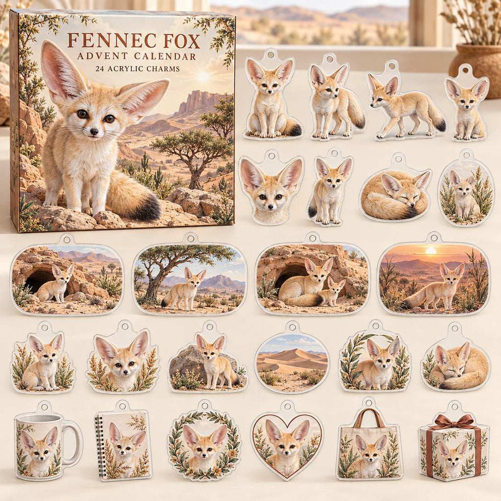 Fennec Fox advent calendar box with 24 themed flat printed acrylic charms