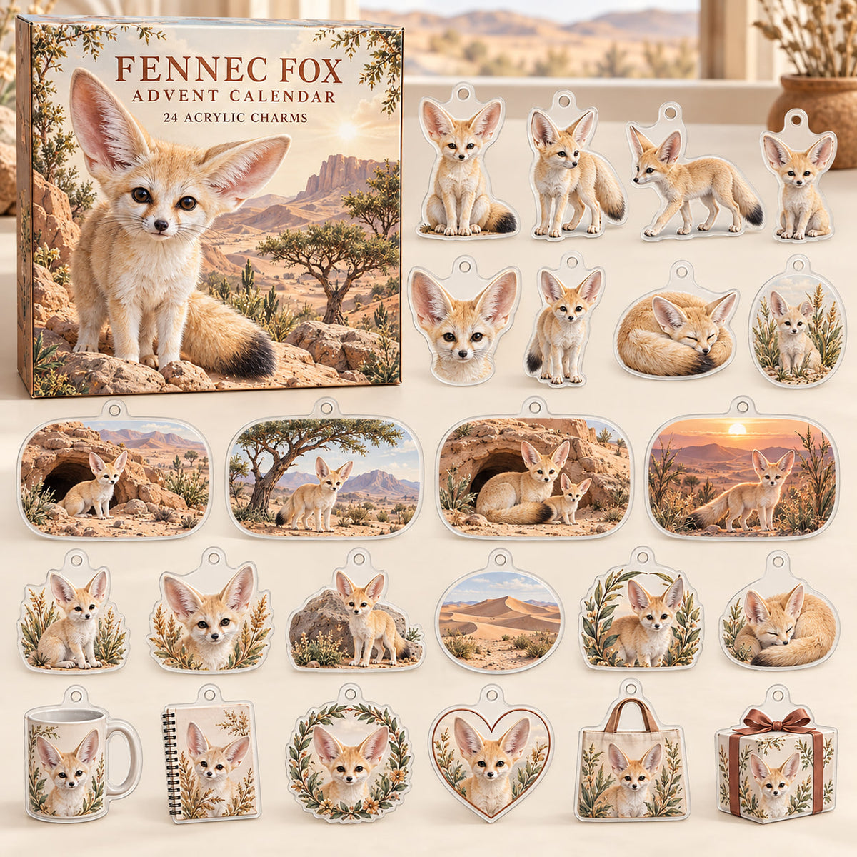 Fennec Fox advent calendar box with 24 themed flat printed acrylic charms