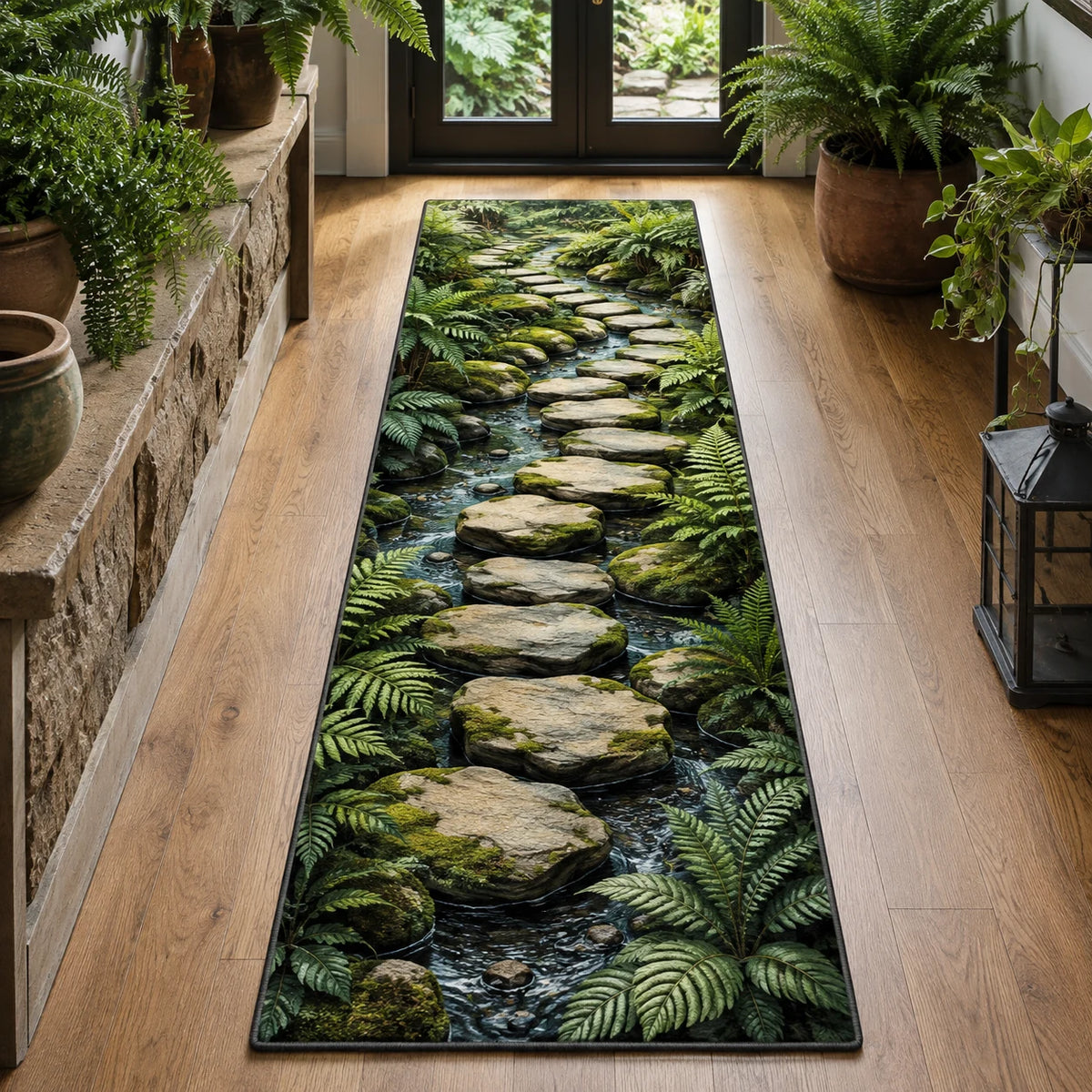 Fern Creek Stepping Stones runner rug with a dimensional printed design in a fern woodland setting