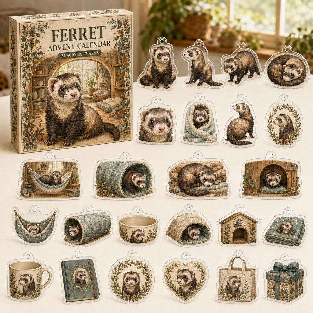 Ferret advent calendar box with 24 themed flat printed acrylic charms