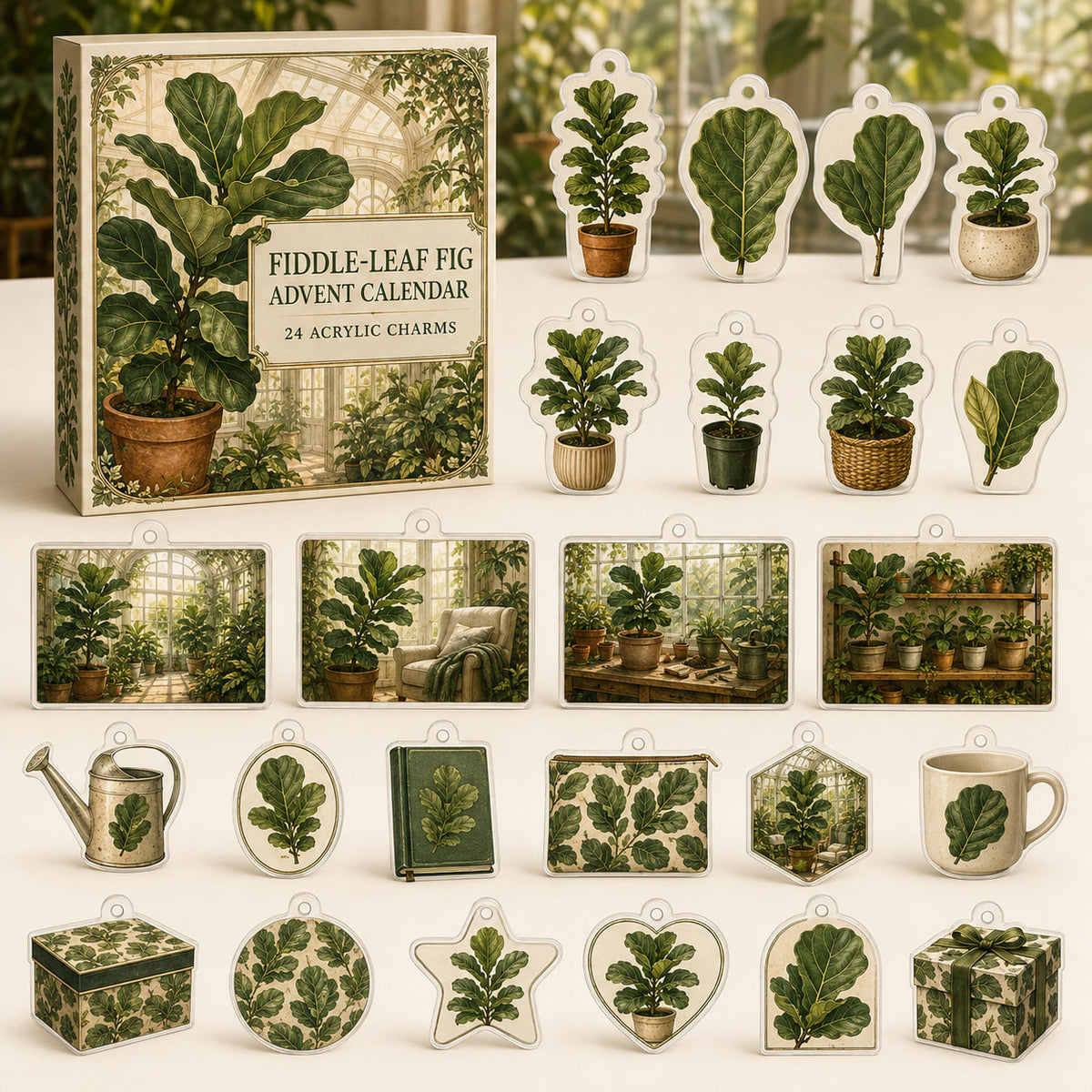 Fiddle-Leaf Fig advent calendar box and 24 botanical-themed printed acrylic charms