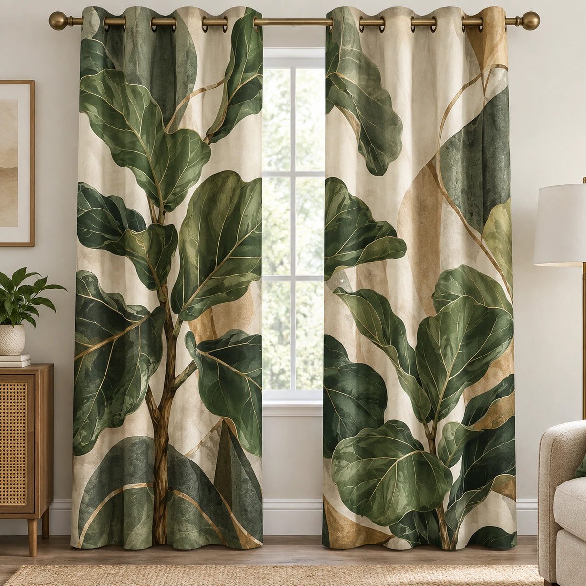 Fiddle Leaf Fig Botanical Study Window Curtains with printed dimensional artwork