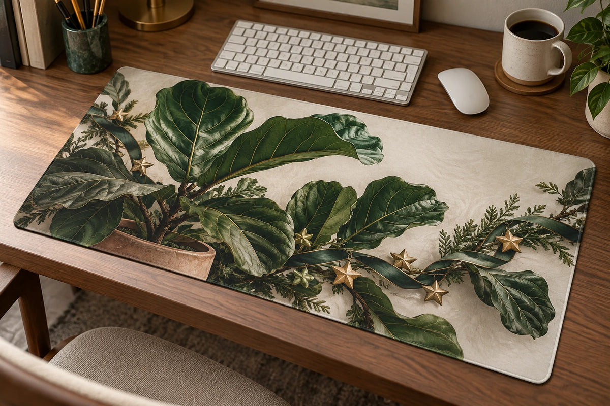 Fiddle Leaf Fig Festive Plant Corner Desk Mat with printed dimensional artwork