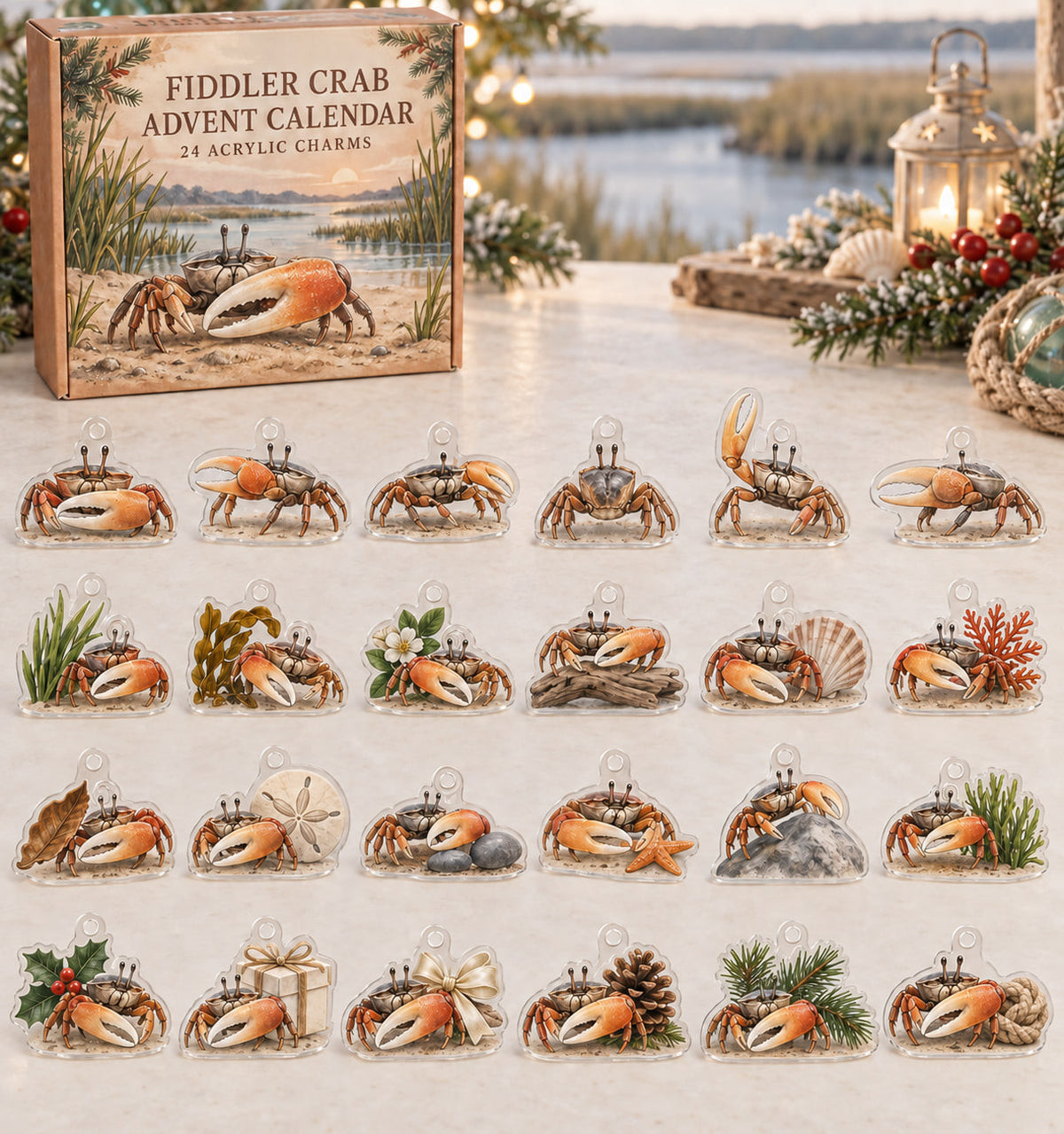 Fiddler Crab advent calendar with 24 custom-shaped flat acrylic charms and printed dimensional artwork