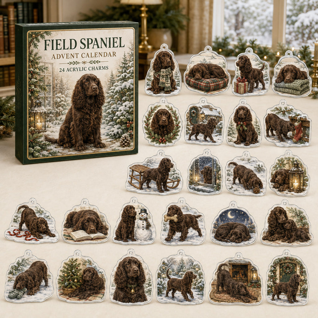 Field Spaniel advent calendar box and 24 illustrated acrylic charms displayed on an ivory tabletop in a winter setting