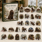 Field Spaniel advent calendar box and 24 illustrated acrylic charms displayed on an ivory tabletop in a winter setting