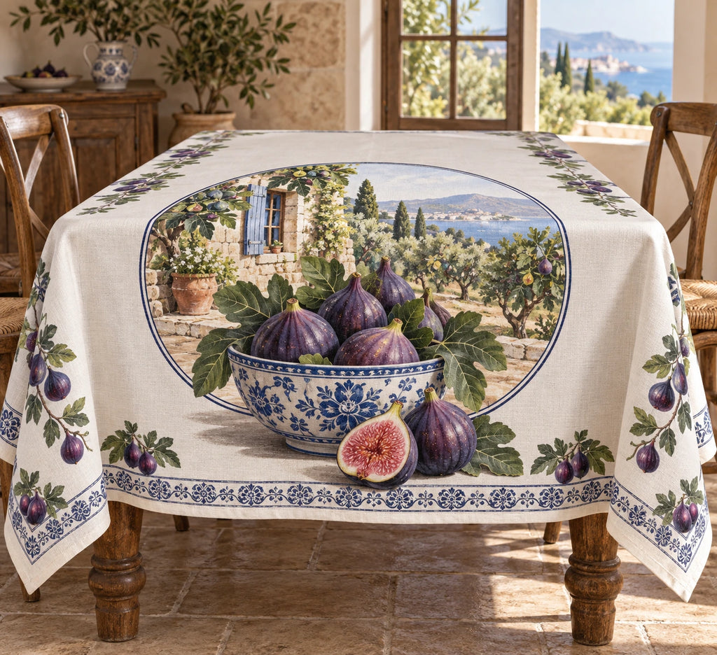 Fig Ceramic Bowl Tablecloth with printed dimensional figs and ceramic bowl medallion