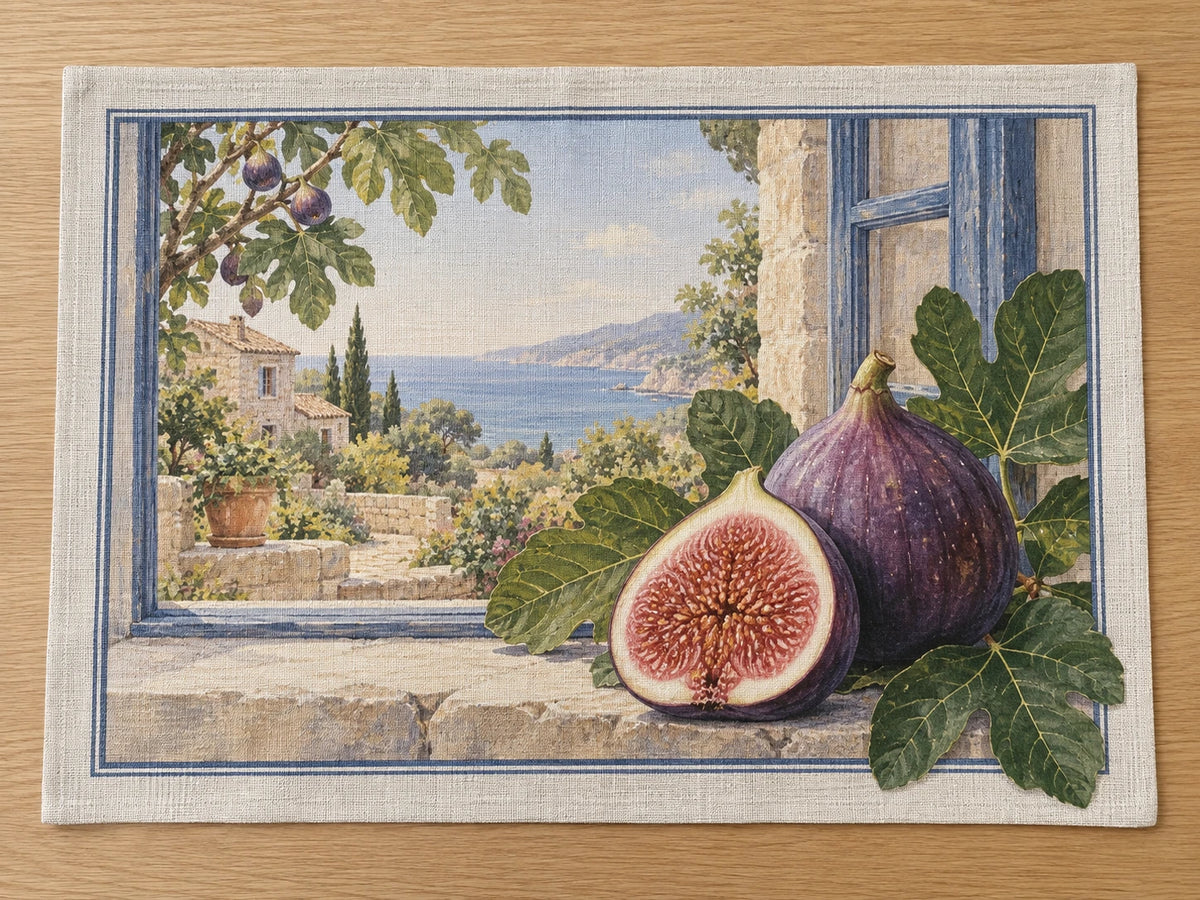 Fig Kitchen Window Placemat with flat printed dimensional fruit artwork