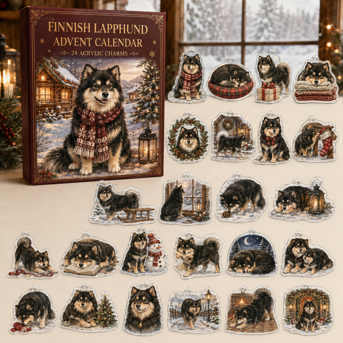 Finnish Lapphund advent calendar box and 24 illustrated acrylic charms displayed on an ivory tabletop in a winter setting