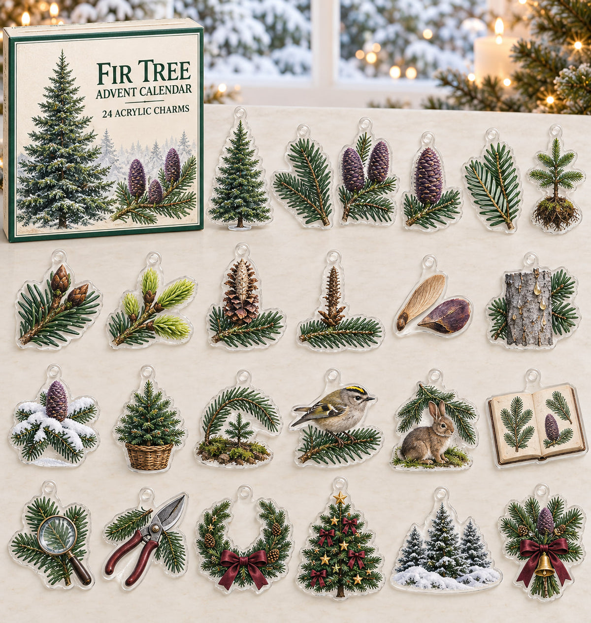 Fir Tree advent calendar with 24 custom-shaped flat acrylic charms and printed dimensional artwork