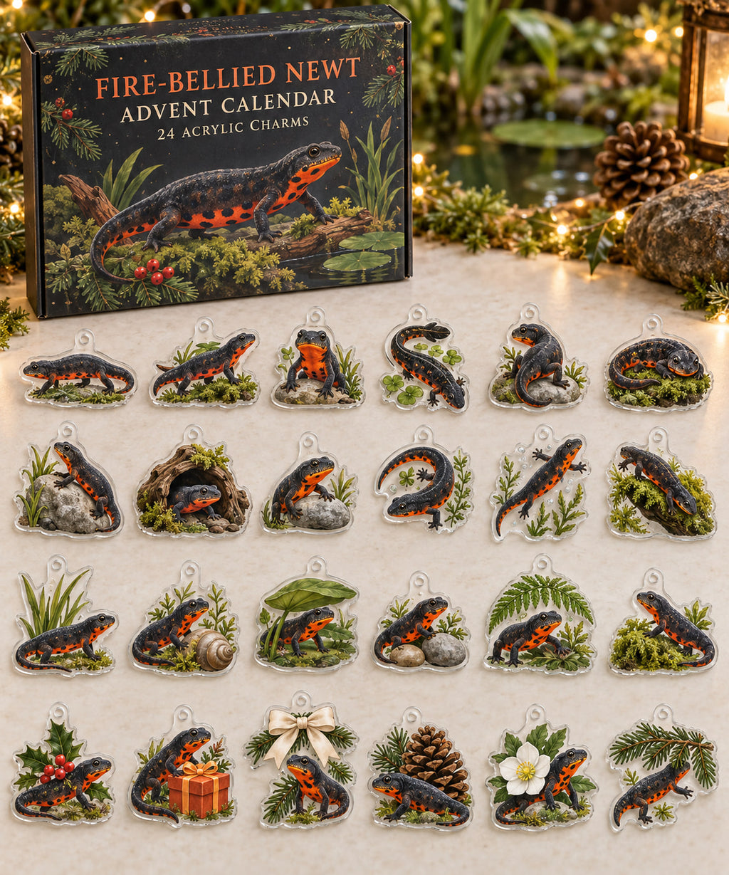 Fire-Bellied Newt advent calendar with 24 custom-shaped flat acrylic charms and printed dimensional artwork