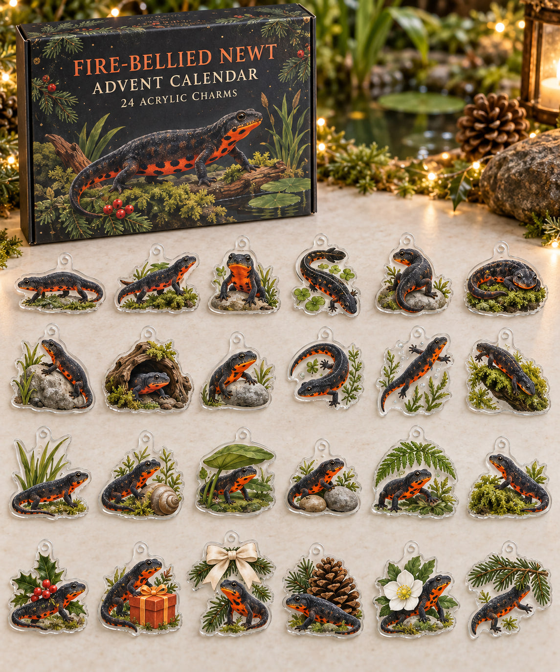 Fire-Bellied Newt advent calendar with 24 custom-shaped flat acrylic charms and printed dimensional artwork
