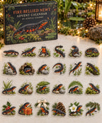 Fire-Bellied Newt advent calendar with 24 custom-shaped flat acrylic charms and printed dimensional artwork